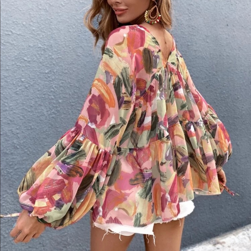 Boho floral print tie front babydoll blouse